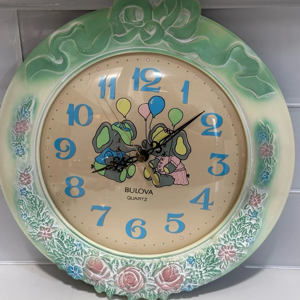 Vintage Rare Bulova Clock Elephants Blue Pink Kids Clock Elephants With Balloons